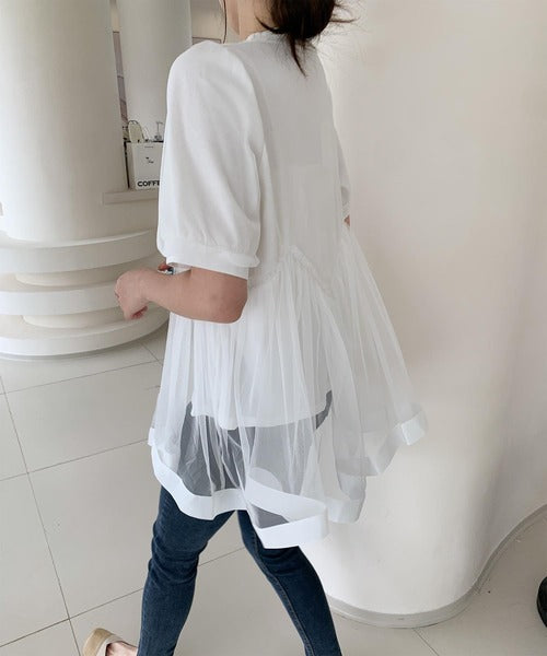 チュール切り替えフレアTシャツワンピース