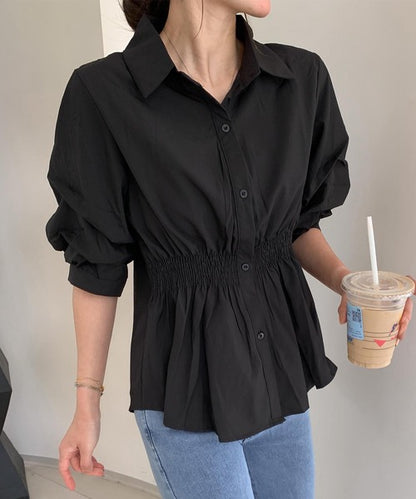 ウエストゴムデザイン シャーリングシャツブラウス