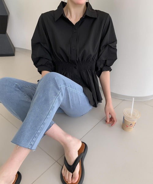 ウエストゴムデザイン シャーリングシャツブラウス