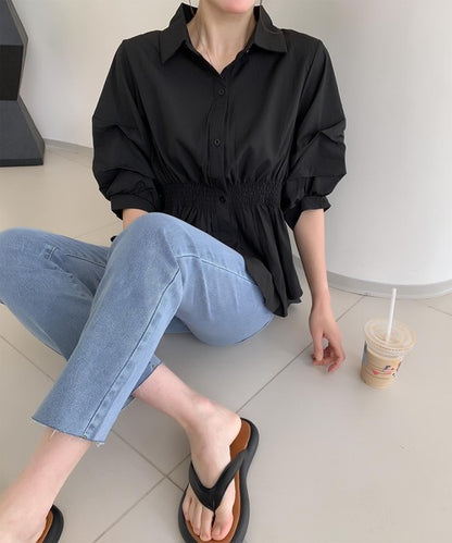 ウエストゴムデザイン シャーリングシャツブラウス