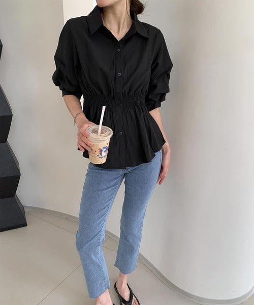 ウエストゴムデザイン シャーリングシャツブラウス