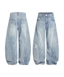 クラッシュ加工ワイドカーブデニムパンツ　ダメージ加工