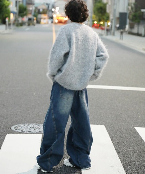 クラッシュ加工ワイドカーブデニムパンツ　ダメージ加工