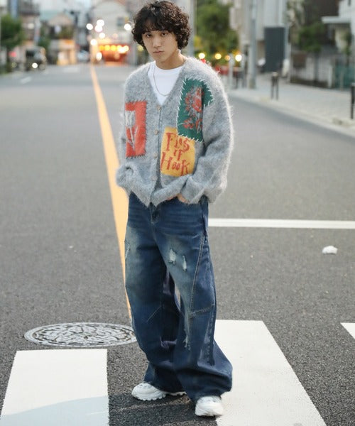 クラッシュ加工ワイドカーブデニムパンツ　ダメージ加工