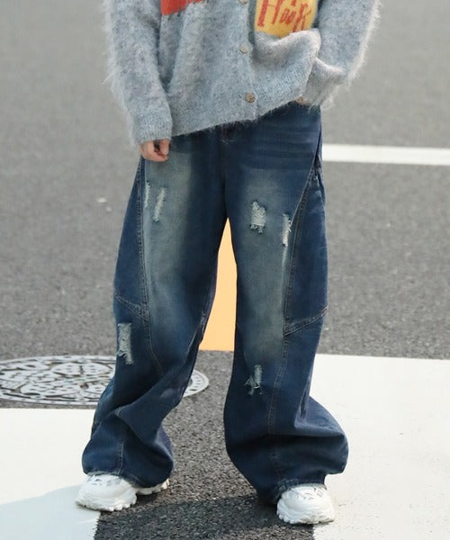 クラッシュ加工ワイドカーブデニムパンツ　ダメージ加工