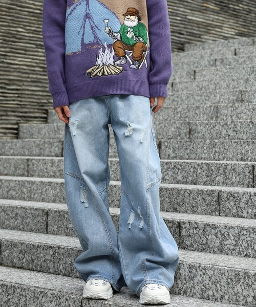 クラッシュ加工ワイドカーブデニムパンツ　ダメージ加工