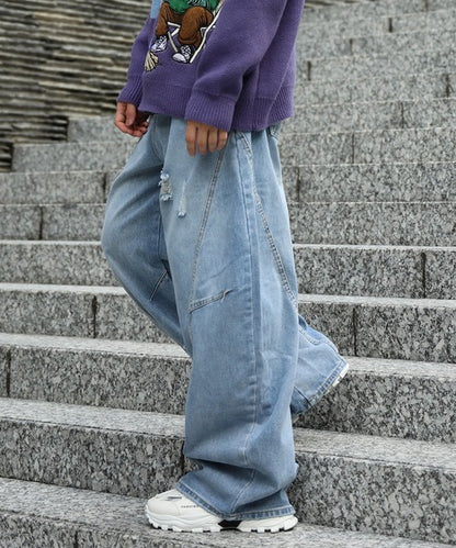 クラッシュ加工ワイドカーブデニムパンツ　ダメージ加工