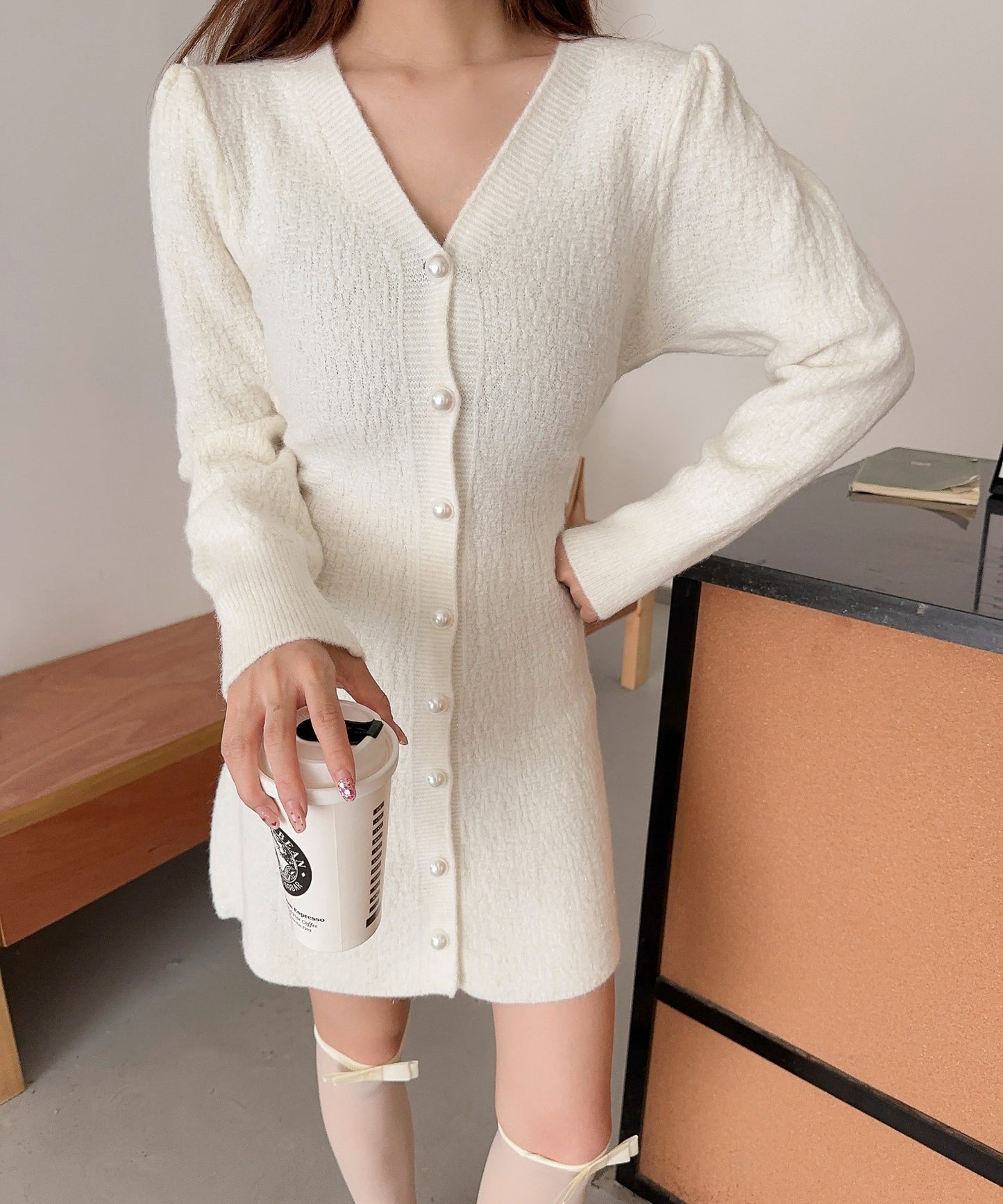 【Jasmine】Vネックフレアミニニットワンピース