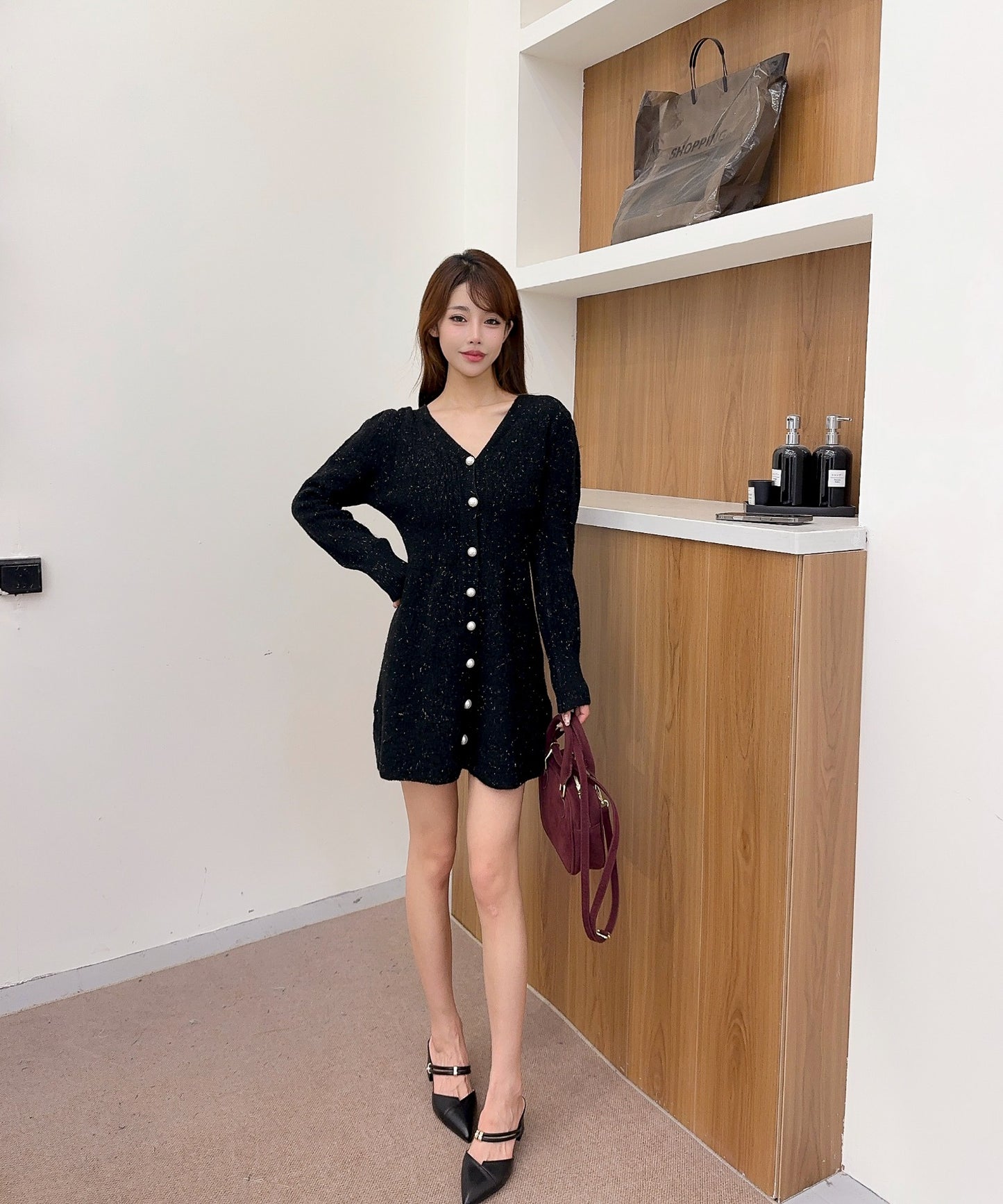 【Jasmine】Vネックフレアミニニットワンピース