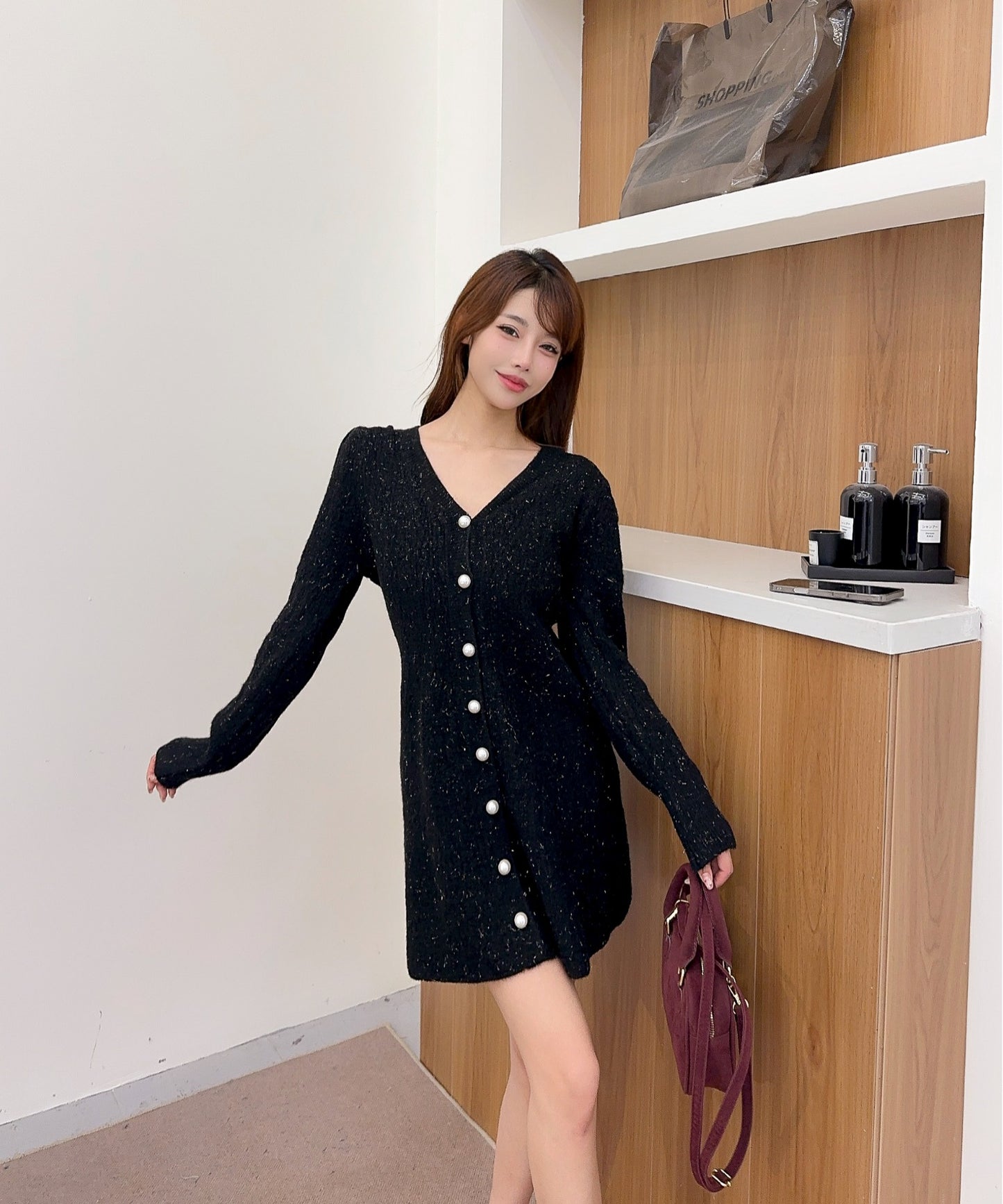 【Jasmine】Vネックフレアミニニットワンピース