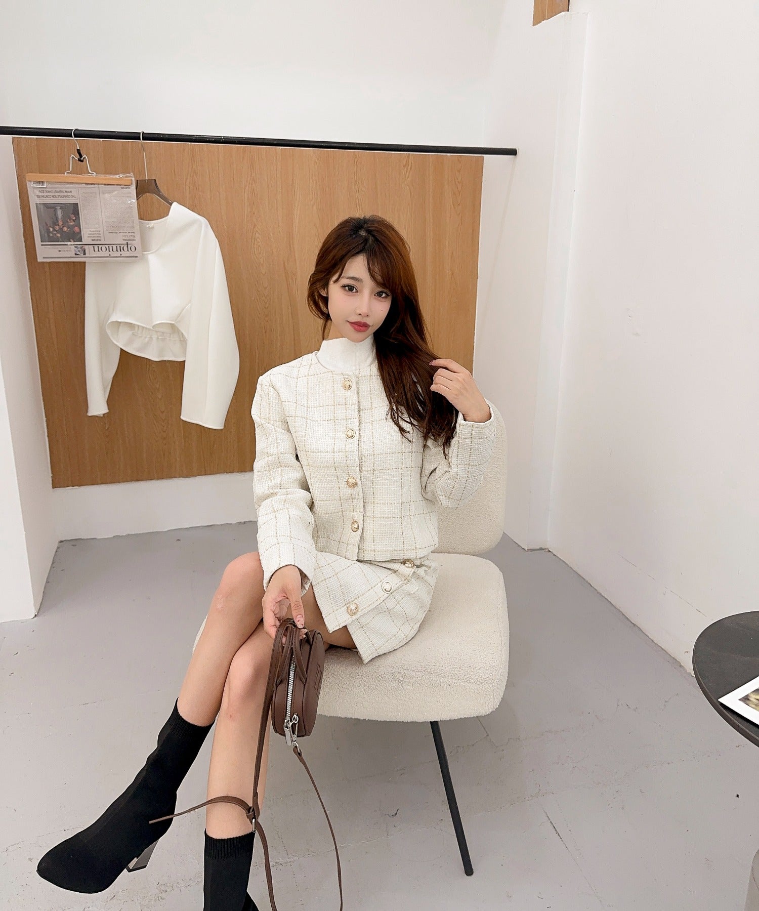 【Jasmine】ツイードノーカラージャケット+ミニスカート