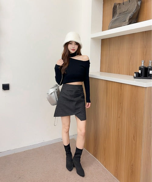 【Jasmine】千鳥柄アシンメトリーハイウエストミニスカート