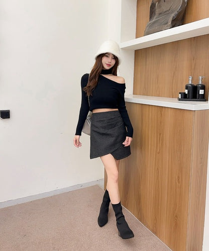 【Jasmine】千鳥柄アシンメトリーハイウエストミニスカート