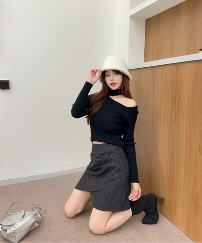 【Jasmine】千鳥柄アシンメトリーハイウエストミニスカート