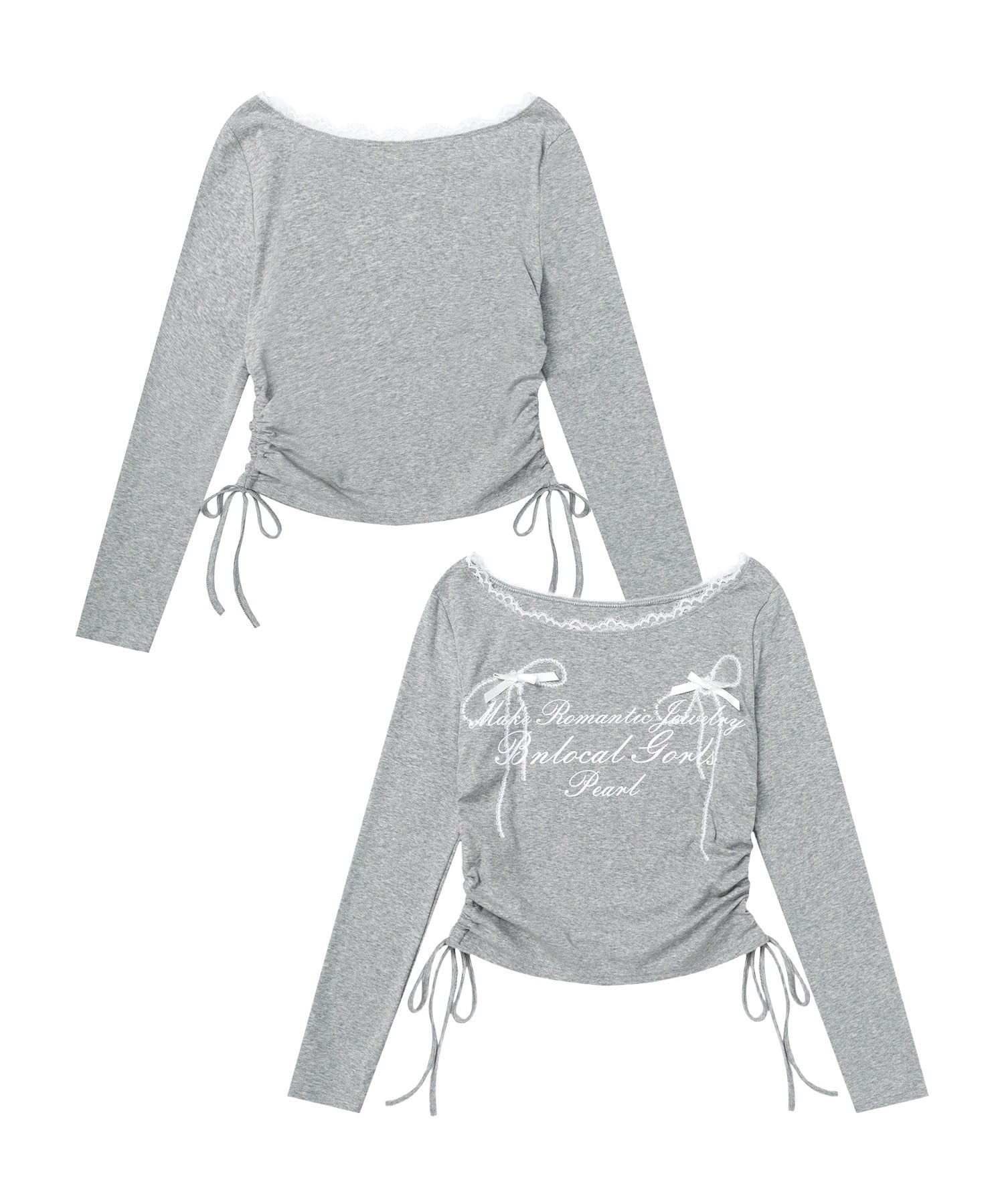レース リボン 裾シャーリング ロングTシャツ