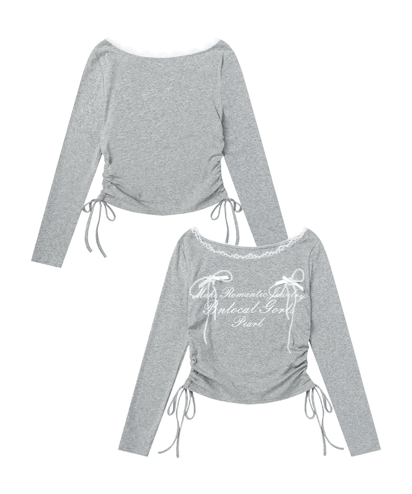 レース リボン 裾シャーリング ロングTシャツ
