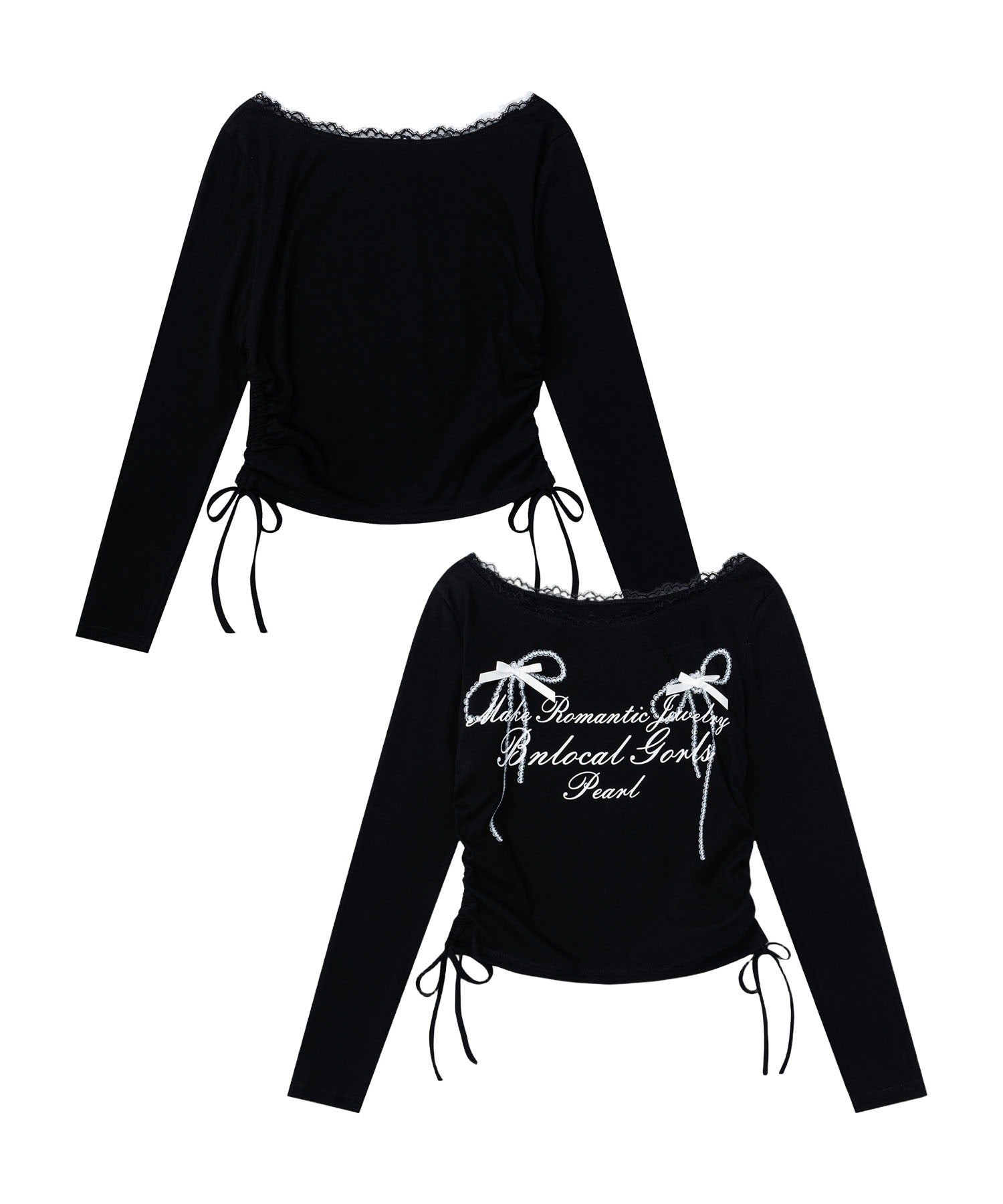 レース リボン 裾シャーリング ロングTシャツ