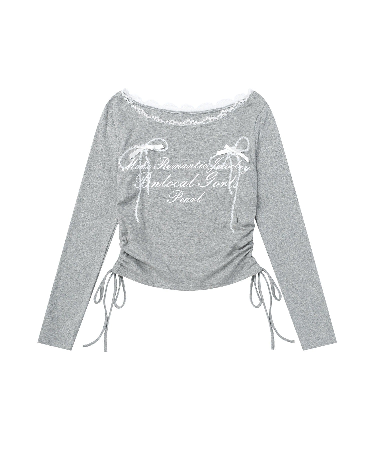 レース リボン 裾シャーリング ロングTシャツ