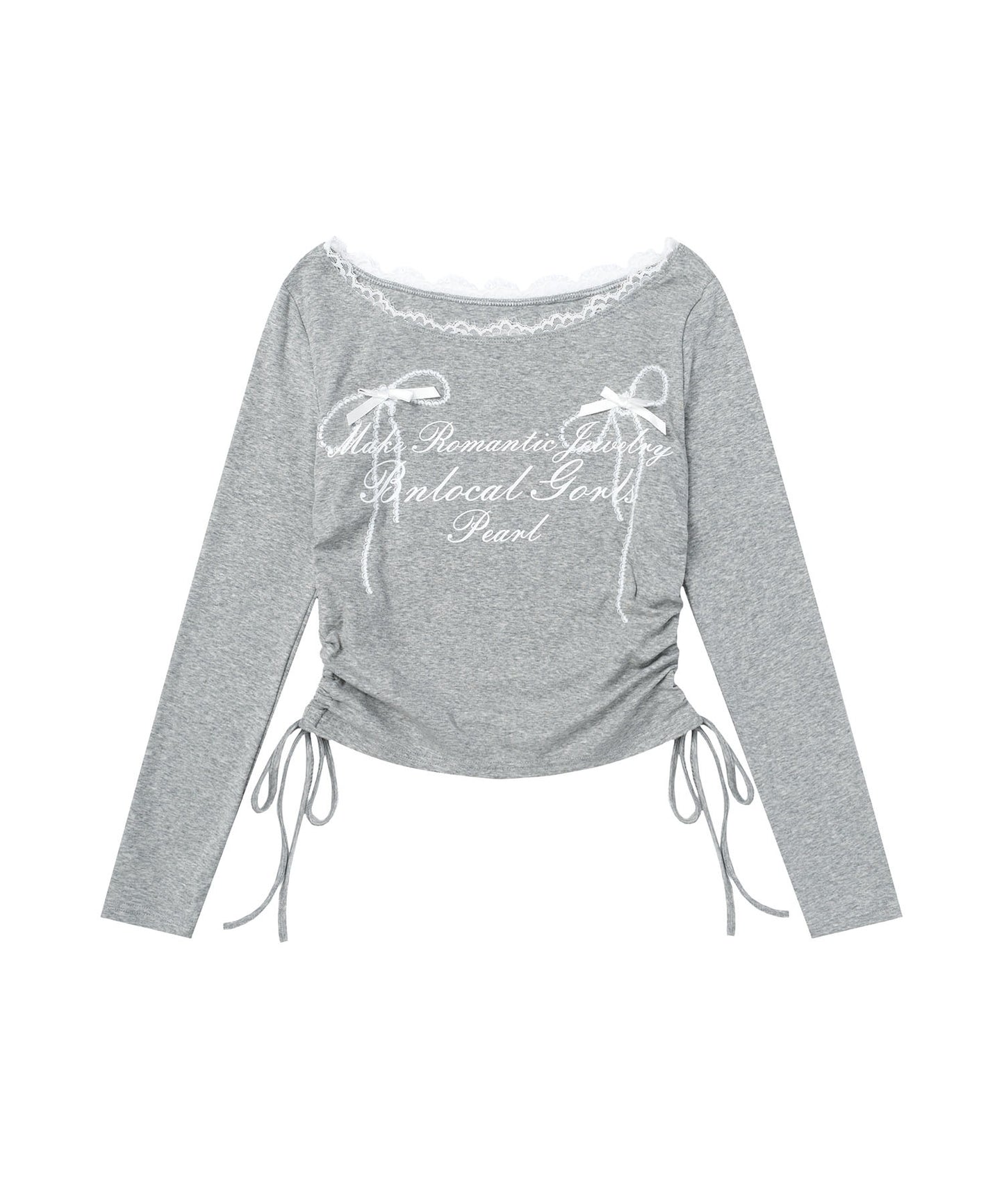 レース リボン 裾シャーリング ロングTシャツ