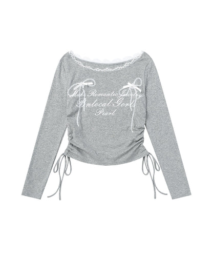 レース リボン 裾シャーリング ロングTシャツ