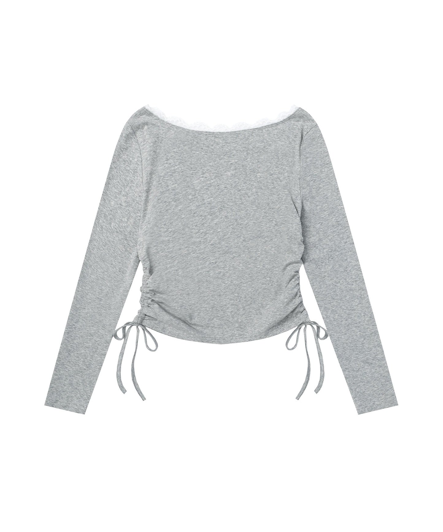 レース リボン 裾シャーリング ロングTシャツ