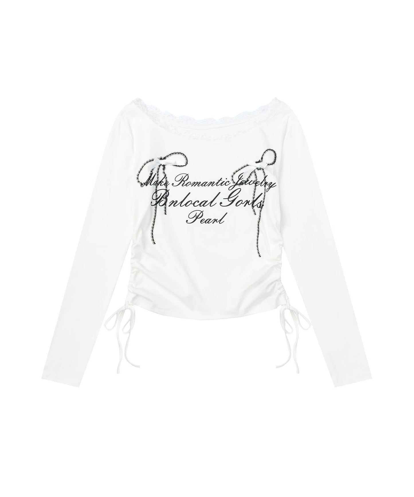 レース リボン 裾シャーリング ロングTシャツ