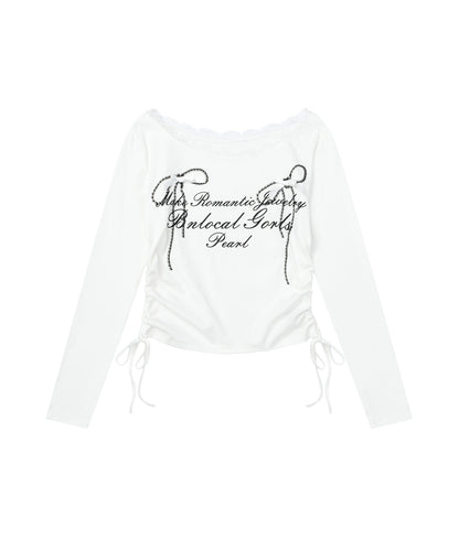 レース リボン 裾シャーリング ロングTシャツ