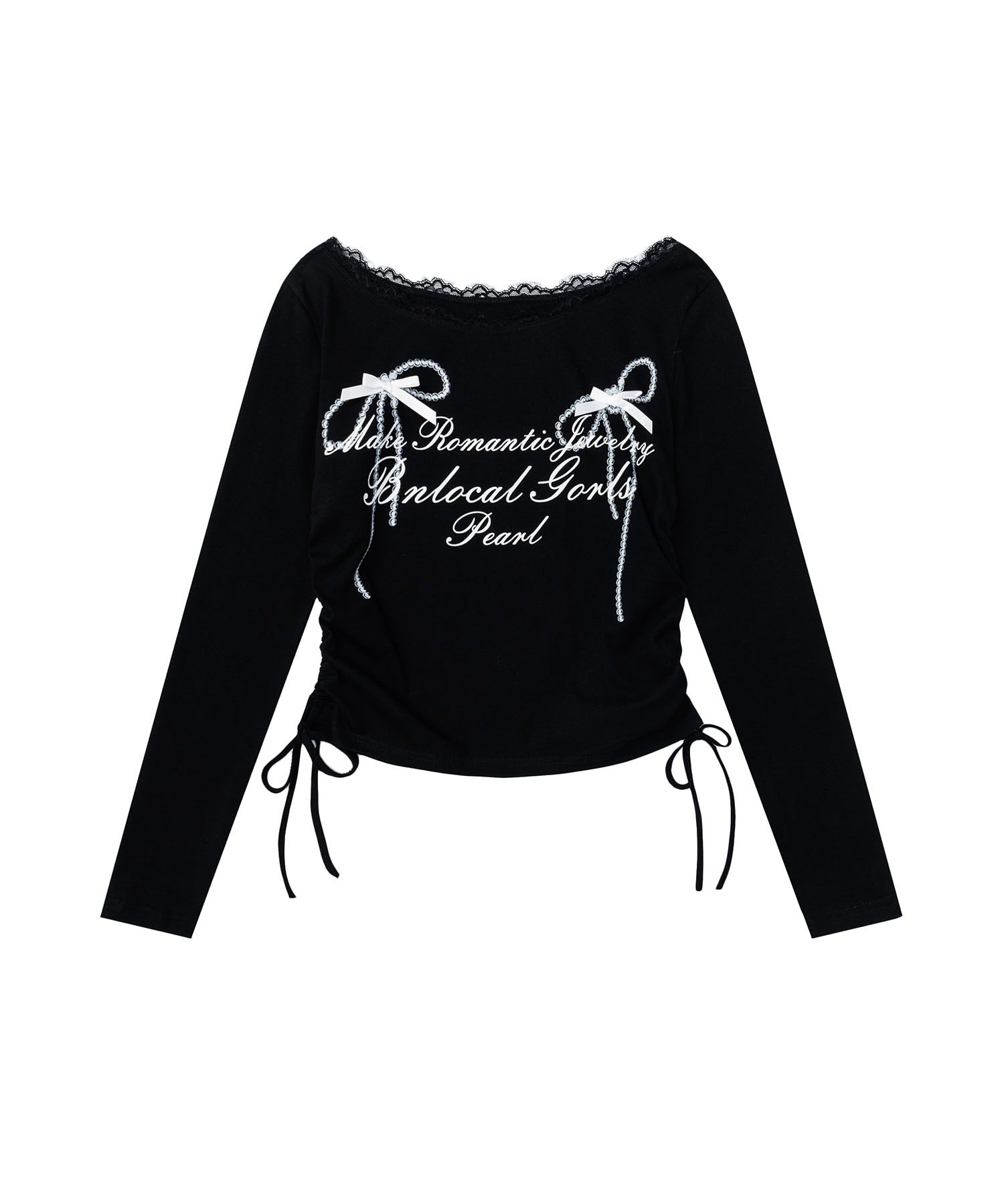 レース リボン 裾シャーリング ロングTシャツ