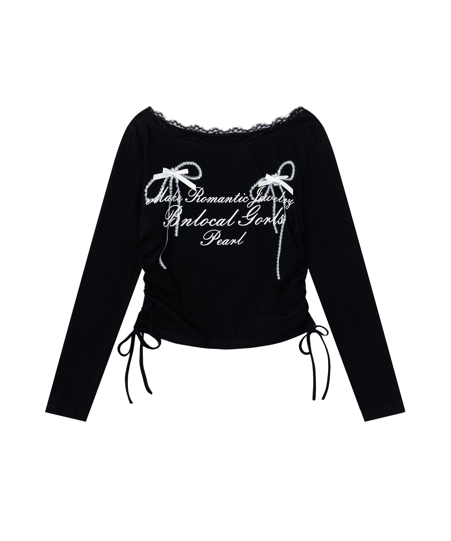 レース リボン 裾シャーリング ロングTシャツ