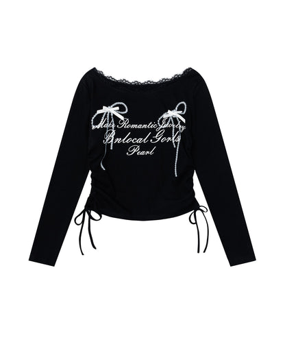 レース リボン 裾シャーリング ロングTシャツ