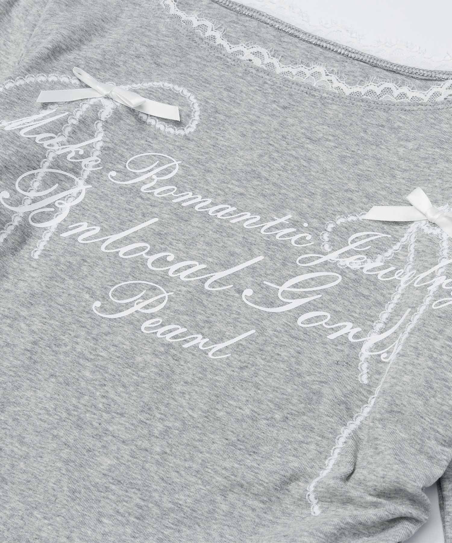 レース リボン 裾シャーリング ロングTシャツ