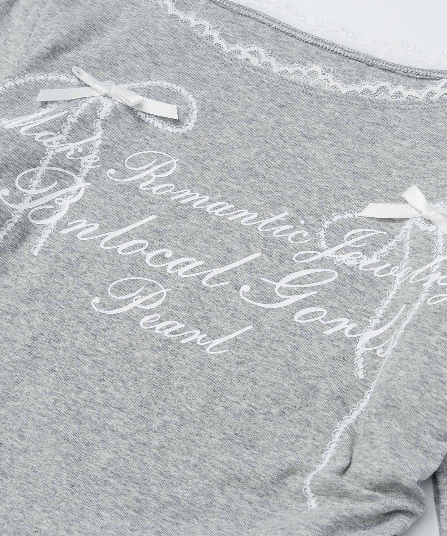 レース リボン 裾シャーリング ロングTシャツ