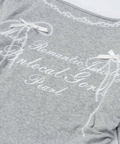 レース リボン 裾シャーリング ロングTシャツ
