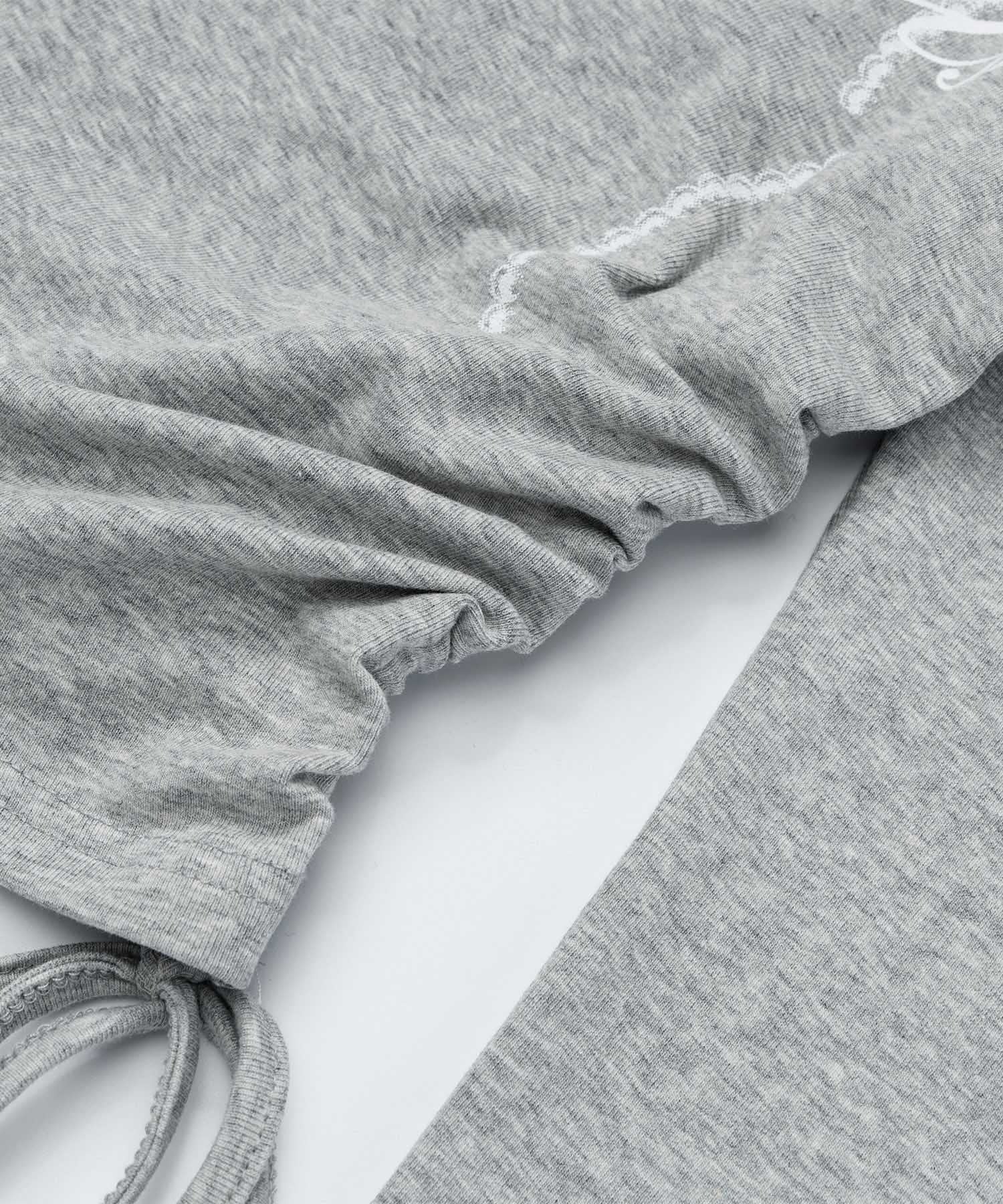 レース リボン 裾シャーリング ロングTシャツ