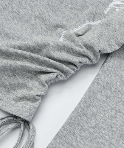 レース リボン 裾シャーリング ロングTシャツ