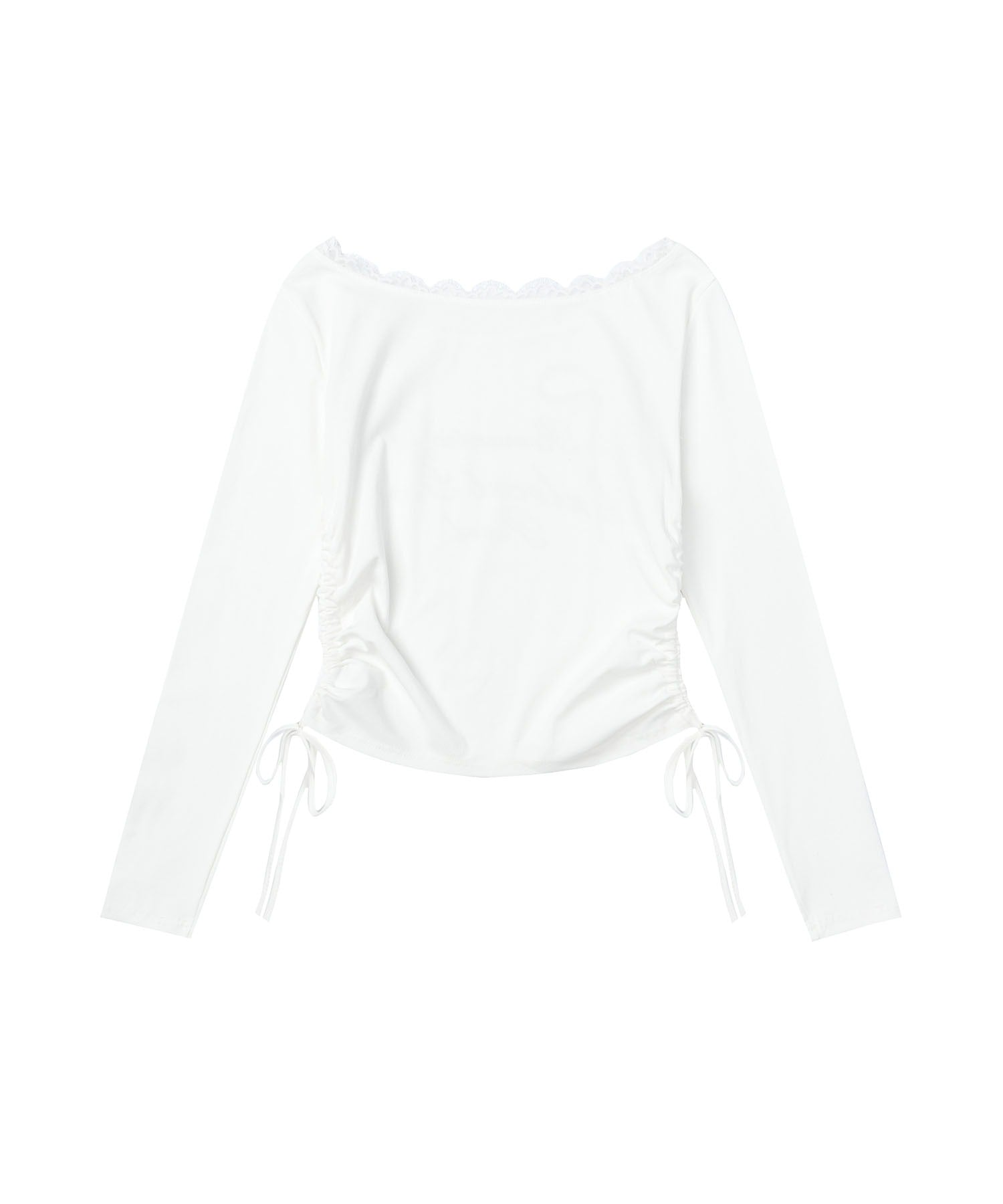 レース リボン 裾シャーリング ロングTシャツ