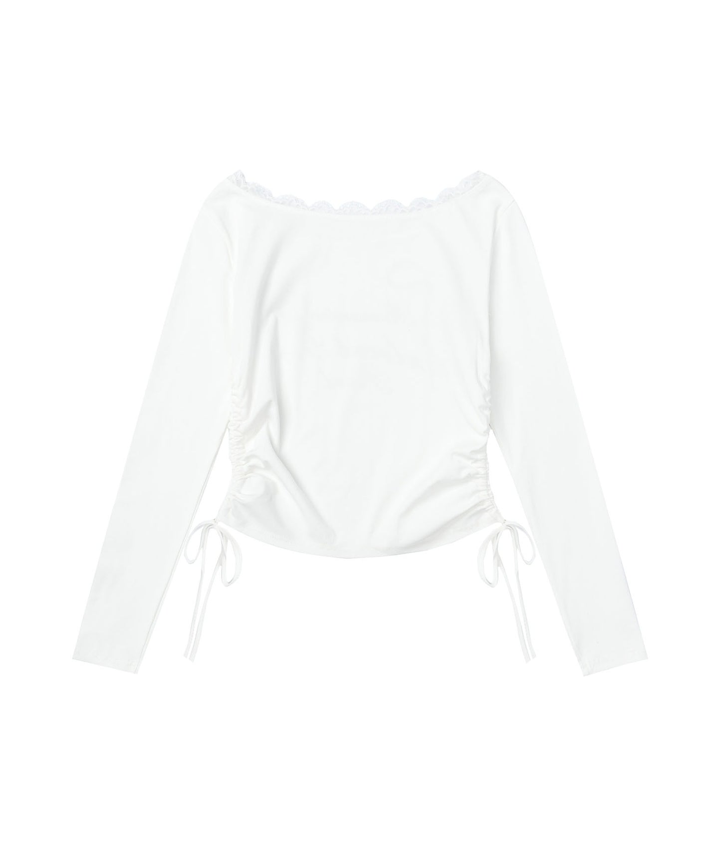レース リボン 裾シャーリング ロングTシャツ
