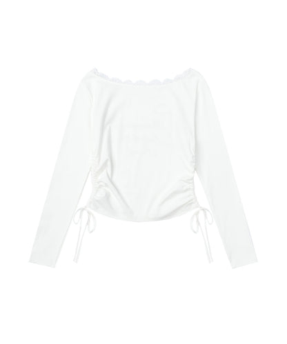 レース リボン 裾シャーリング ロングTシャツ