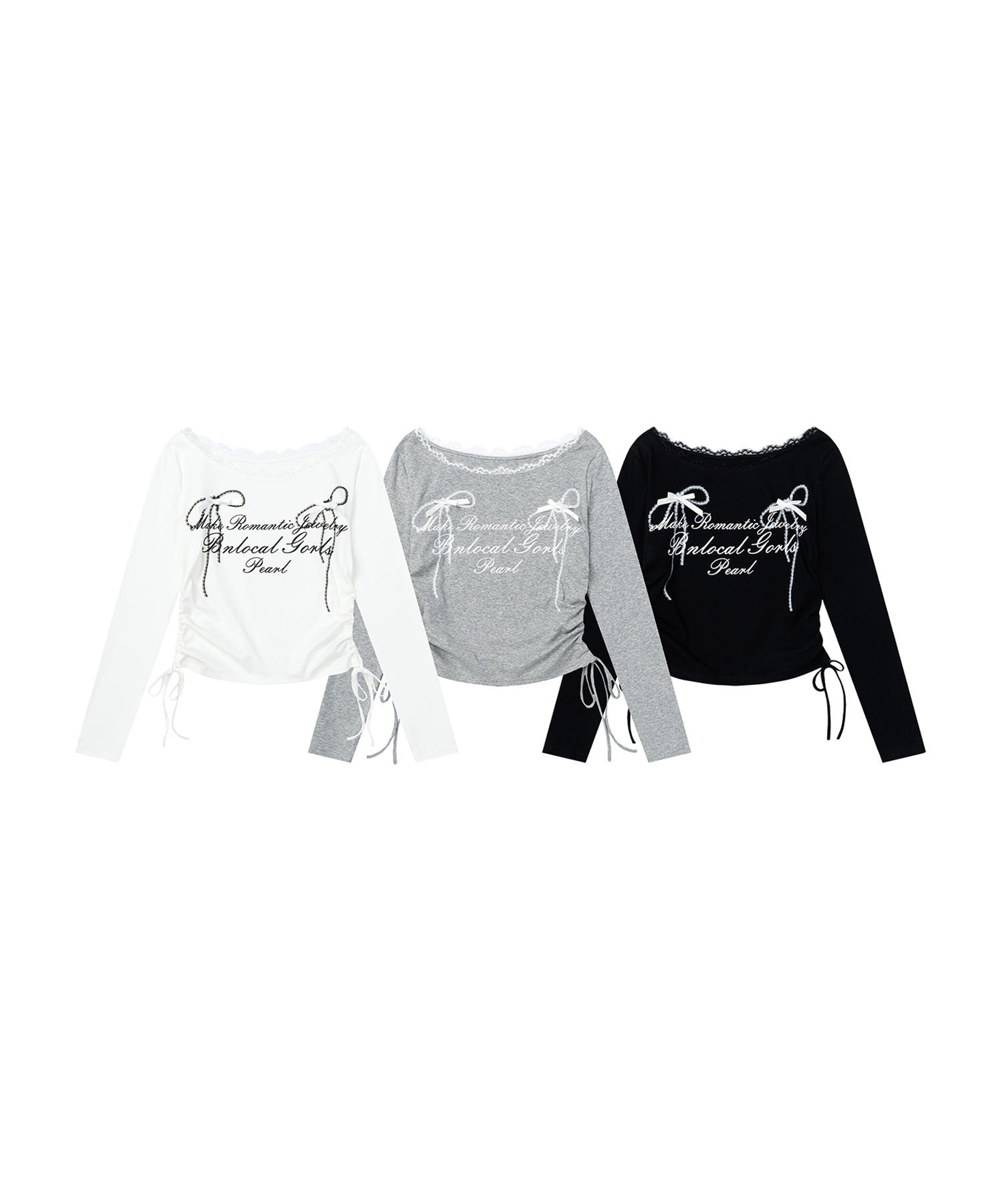 レース リボン 裾シャーリング ロングTシャツ