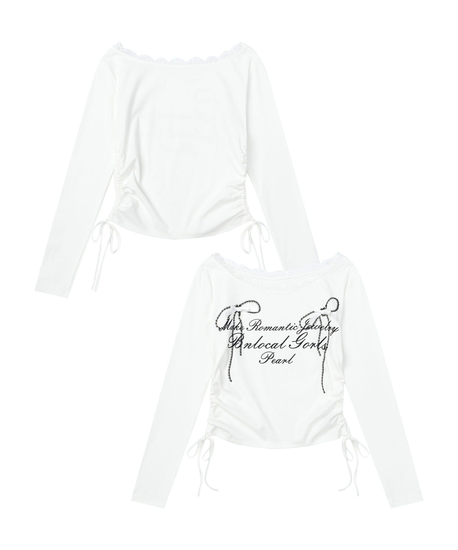 レース リボン 裾シャーリング ロングTシャツ