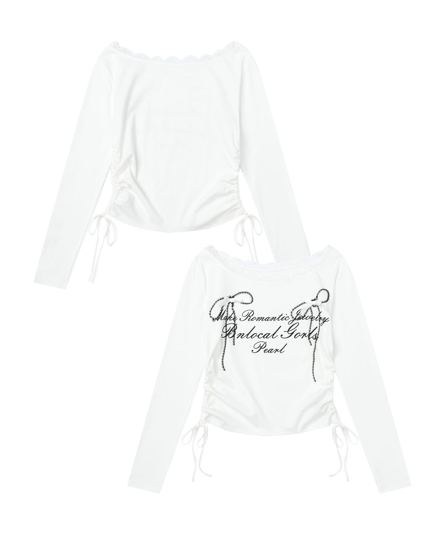 レース リボン 裾シャーリング ロングTシャツ