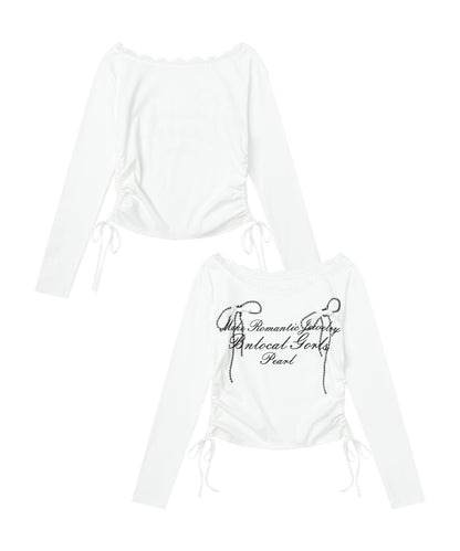 レース リボン 裾シャーリング ロングTシャツ