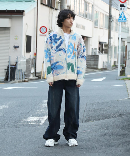 HOOK -original-　抽象花模様ハイネックジップ長起毛カーディガン