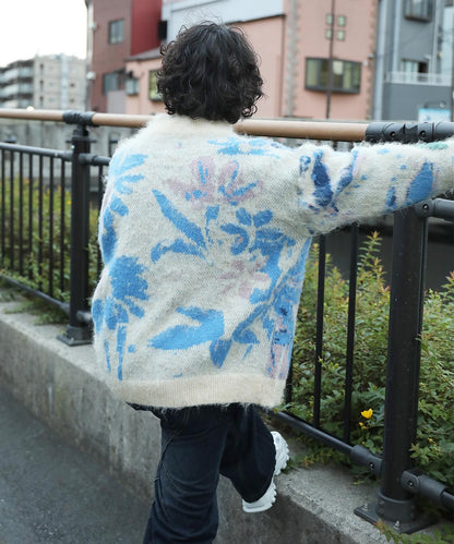 HOOK -original-　抽象花模様ハイネックジップ長起毛カーディガン