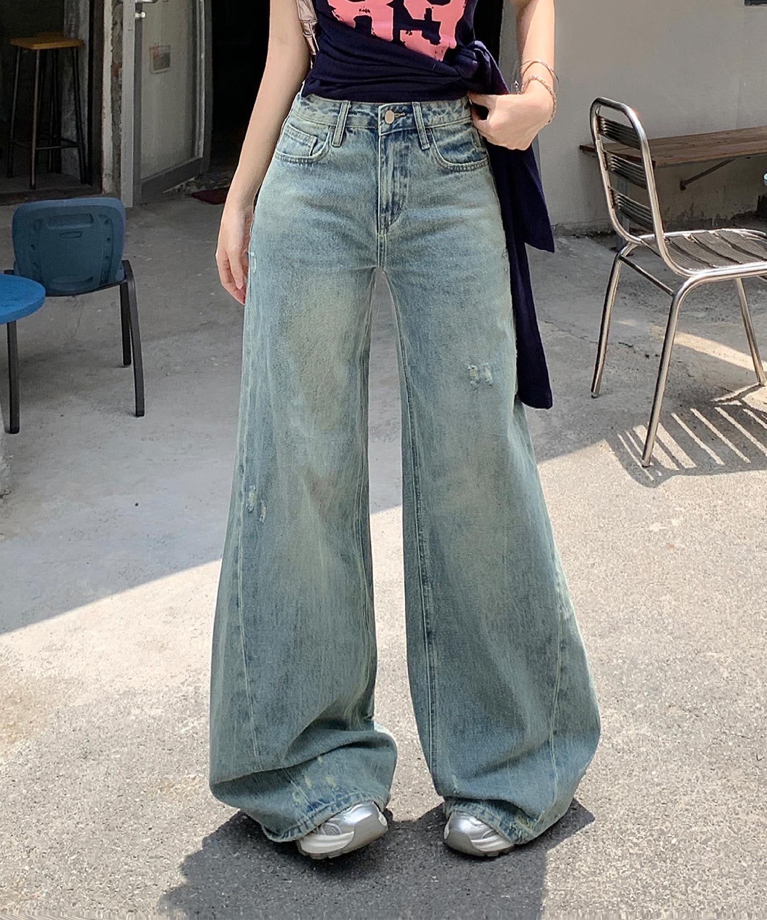 【HOOK】for girls Y2Kダメージルーズワイドデニムパンツ / ヴィンテージウォッシュバギー