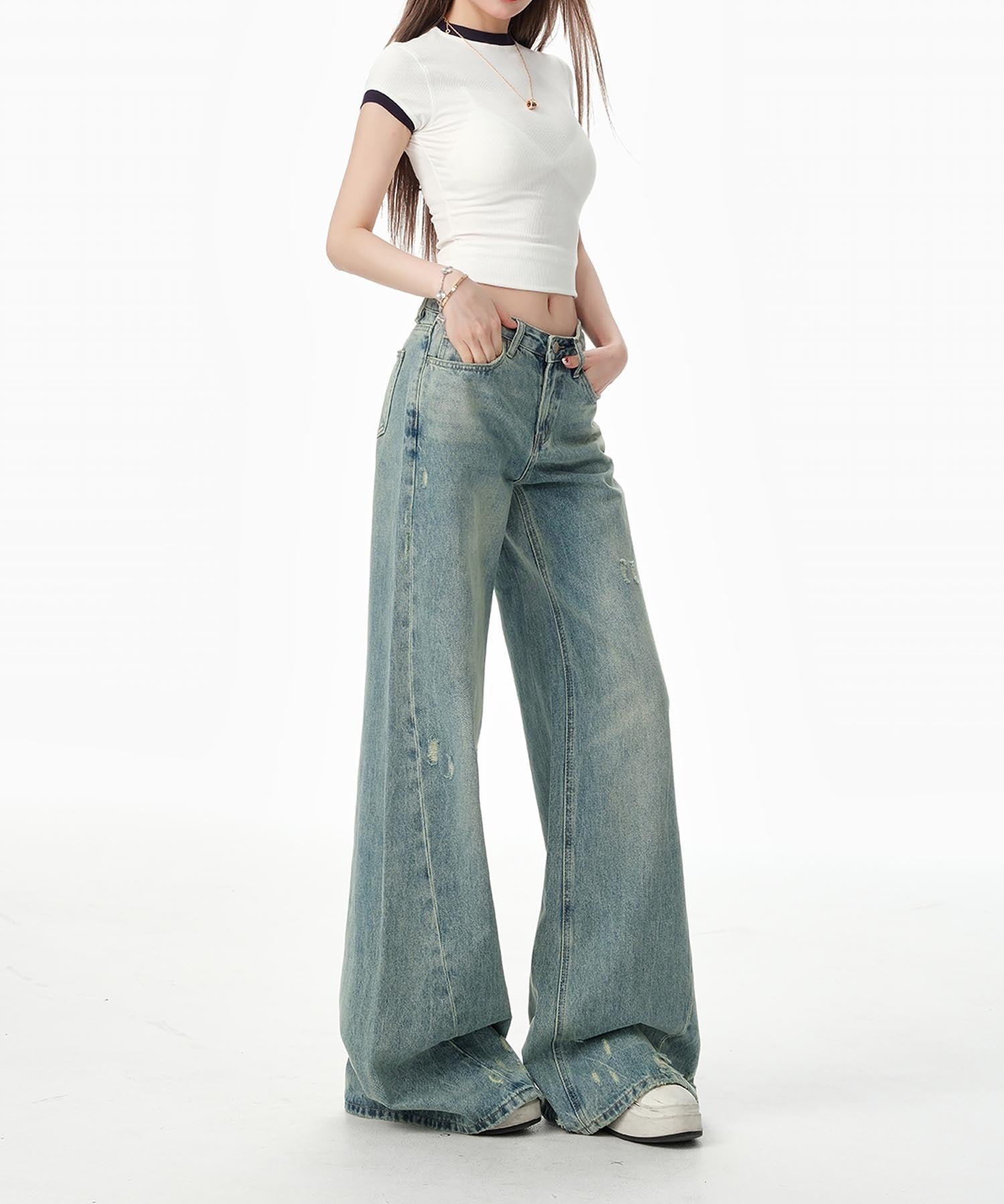 【HOOK】for girls Y2Kダメージルーズワイドデニムパンツ / ヴィンテージウォッシュバギー