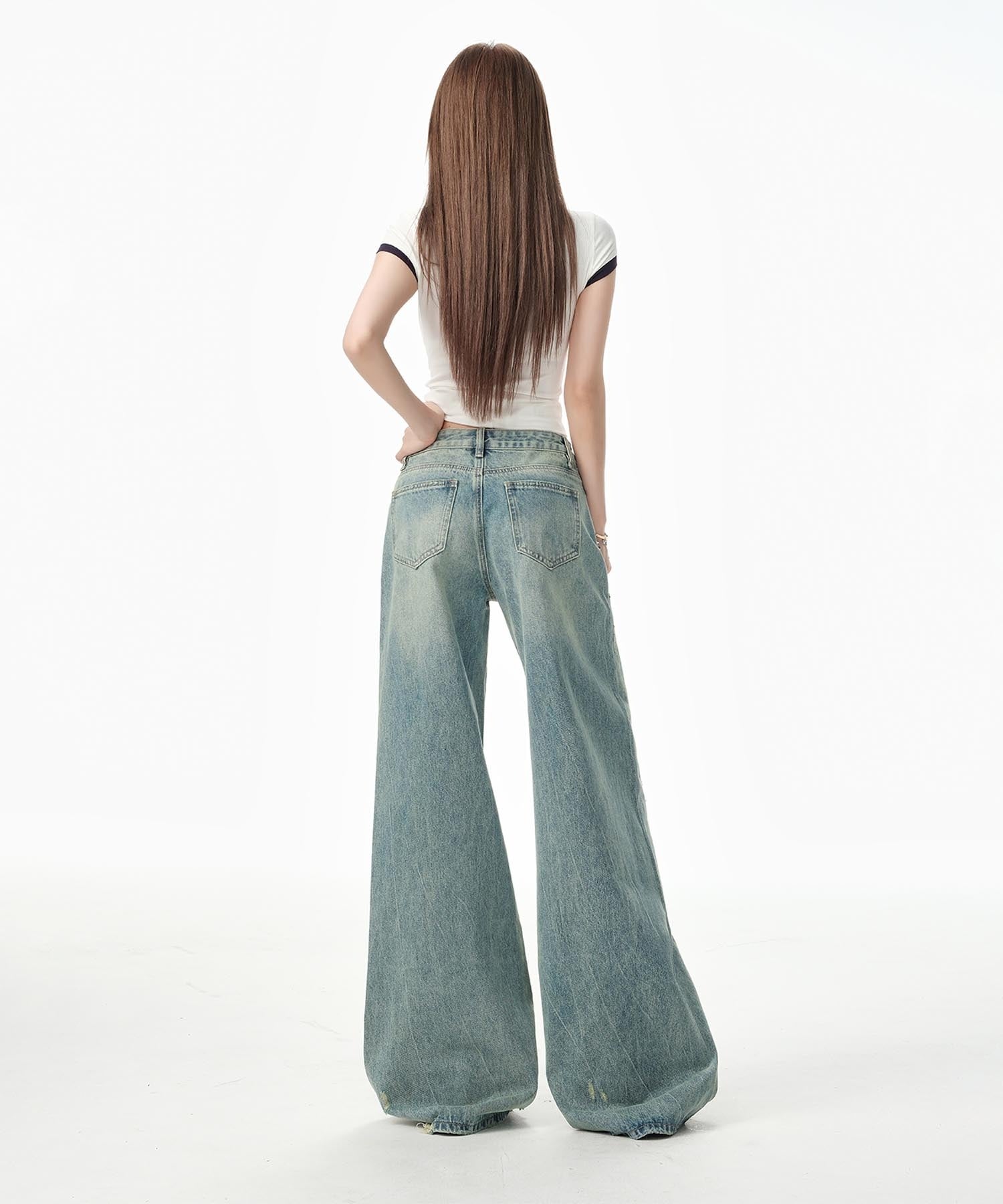 【HOOK】for girls Y2Kダメージルーズワイドデニムパンツ / ヴィンテージウォッシュバギー