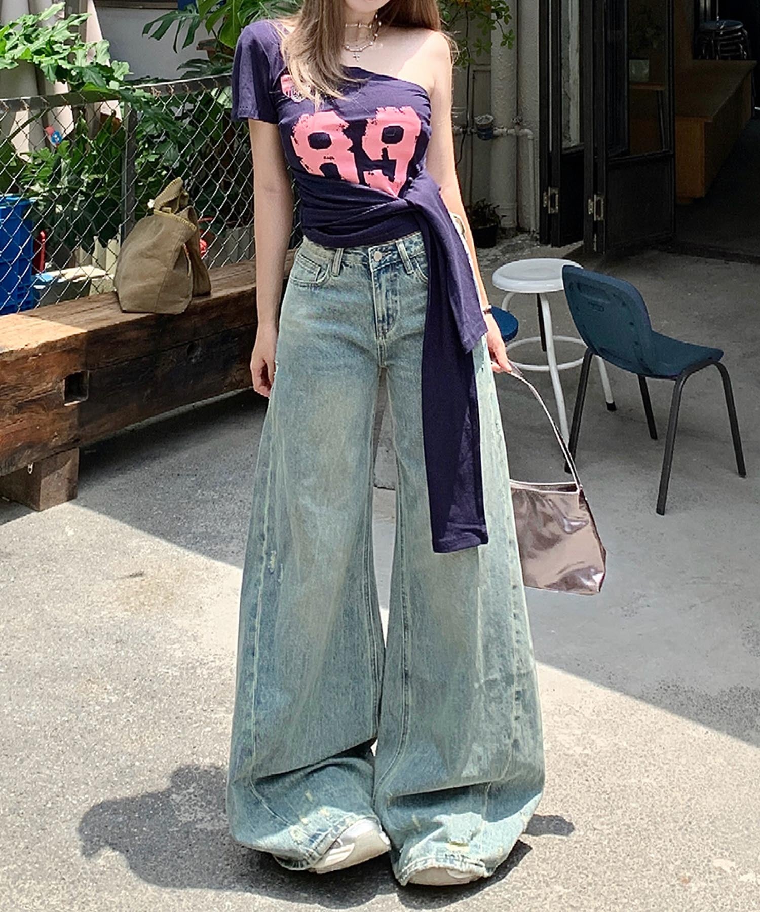【HOOK】for girls Y2Kダメージルーズワイドデニムパンツ / ヴィンテージウォッシュバギー