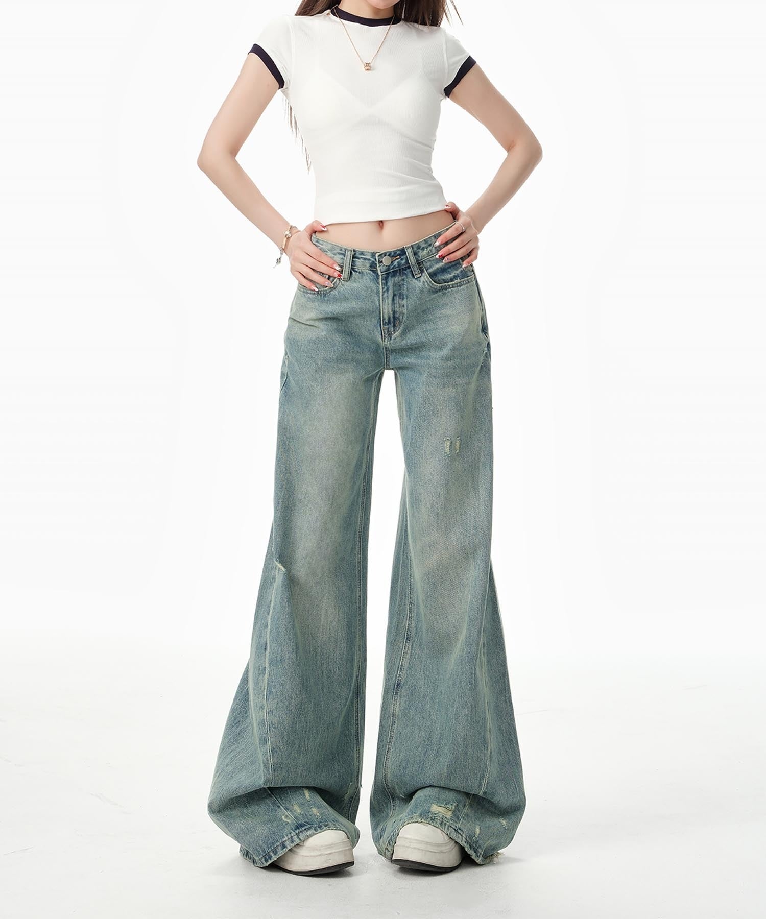 【HOOK】for girls Y2Kダメージルーズワイドデニムパンツ / ヴィンテージウォッシュバギー