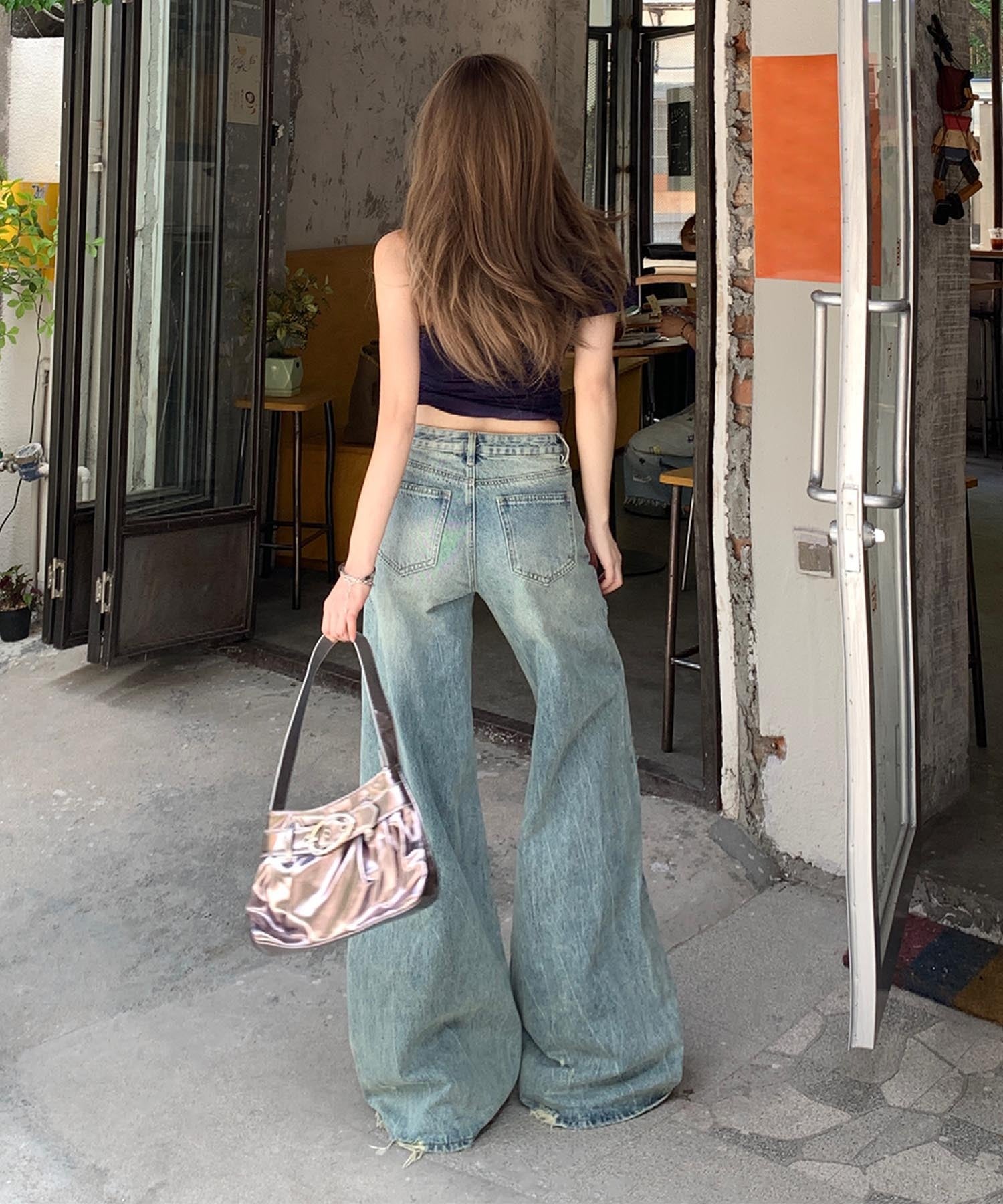 【HOOK】for girls Y2Kダメージルーズワイドデニムパンツ / ヴィンテージウォッシュバギー